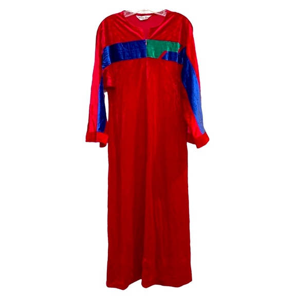 Vintage Vanity Fair Red Velvet Housecoat with Blue and Green Accents Size Medium - Picture 1 of 16